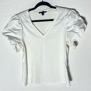 INC International Concepts White V Neck T Shirt W Short Ruffle Bubble Sleeves XL